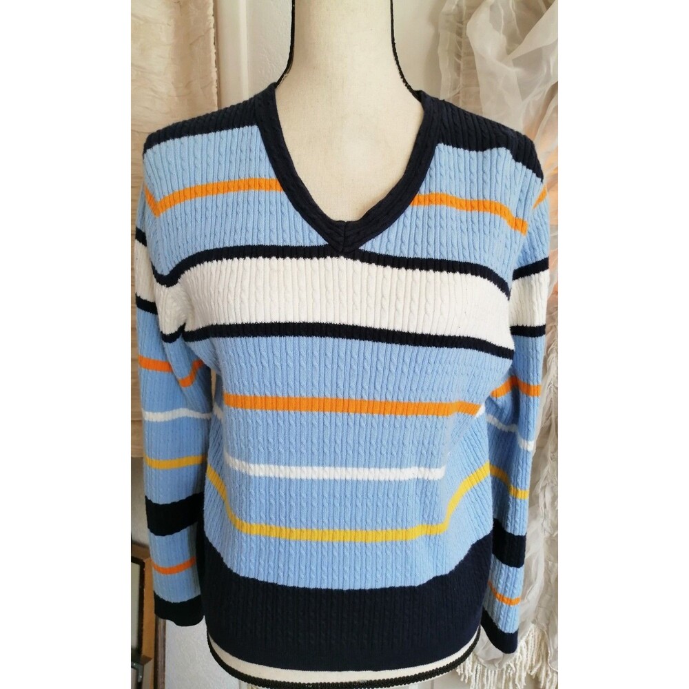 Liz Claiborne Lizgolf Ribbed Sweater Women L Blue White Stripe Cotton Nylon
